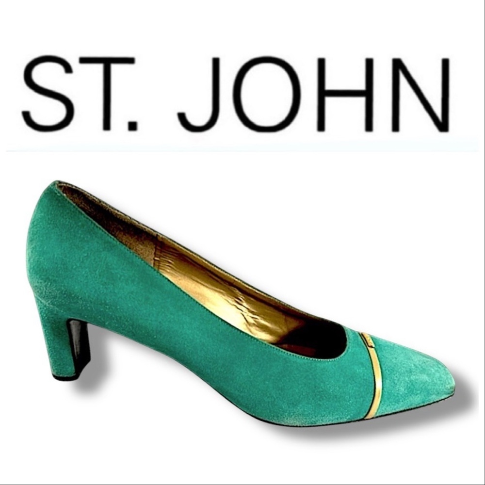 ST JOHN Vintage Classic Teal Suede leather Heels  gold tone signature SZ 7